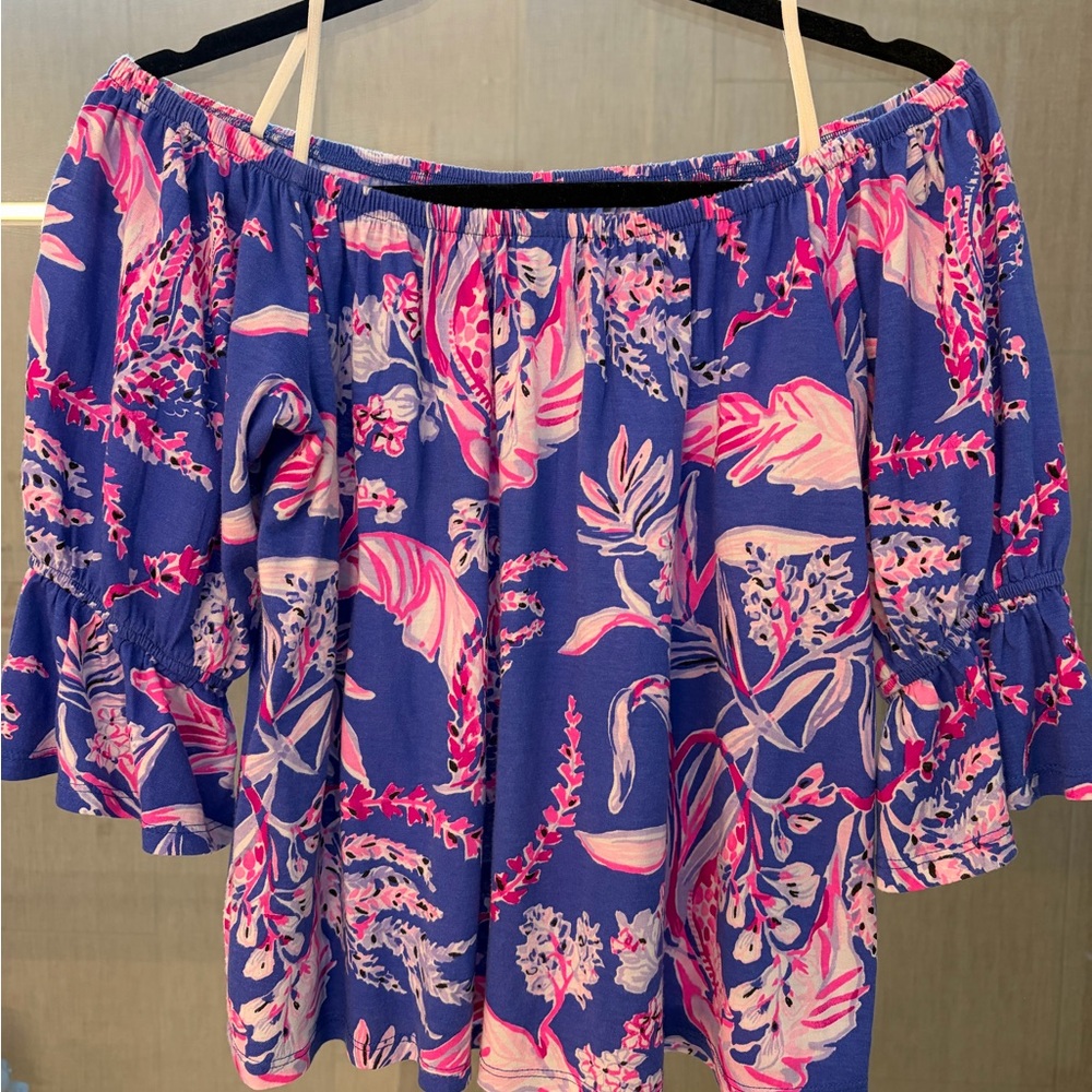 Lilly Pulitzer Blue and Pink Floral Off-Shoulder Blouse
